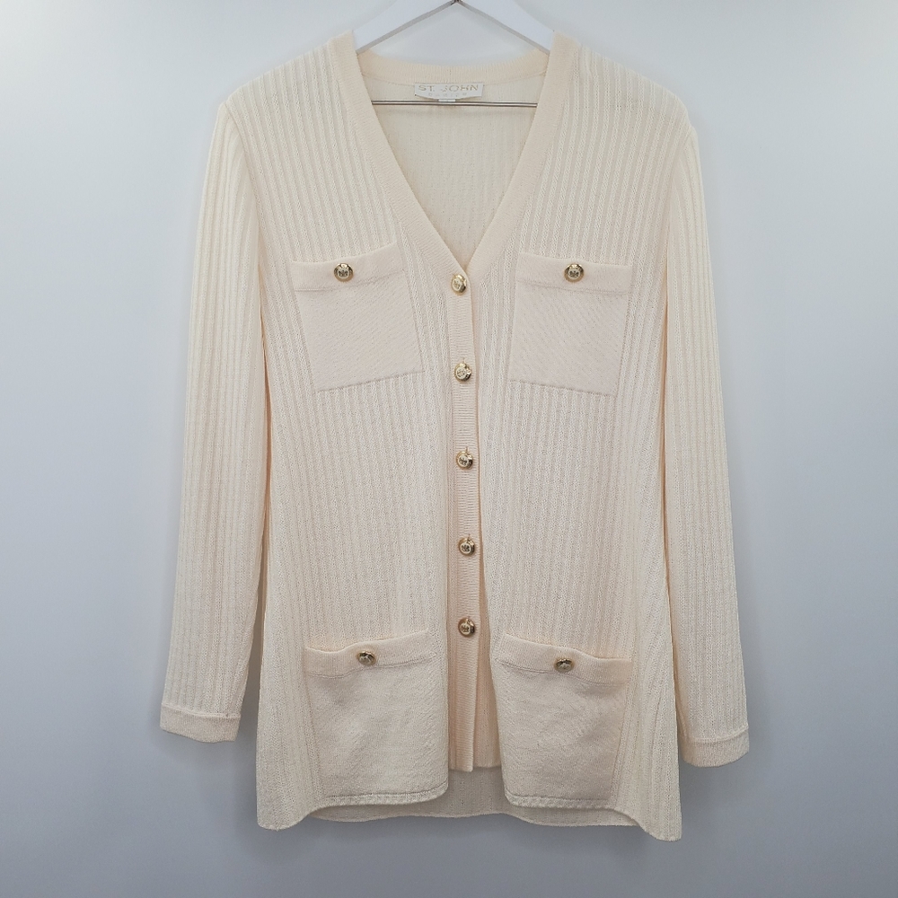 ST. John Basics Cream Ribbed Button Up Draped Cardigan Cozy Chic